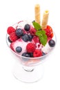 A real edible fruit ice cream sundae from above on white background Royalty Free Stock Photo