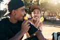 Ice cream, sweet and couple in city with food during travel, adventure and holiday in street. Happy, young and relax man Royalty Free Stock Photo