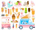 Ice cream sweet food vector illustration set, cartoon flat streetfood icecream shop truck collection of various gelato