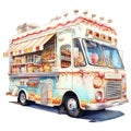 ice cream and sweets food truck street food watercolor illustration