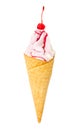 Ice cream with syrup and cherry in waffle cone Royalty Free Stock Photo