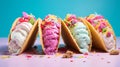 Ice cream tacos: Crispy taco shells hugging scoops of creamy joy, topped with sprinkles and sauces