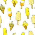 Ice cream with taste of a lemon isolated on white background. Food sweet drawing hand work. Seamless pattern for design print