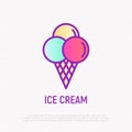 Ice cream: three balls in waffle cup thin line icon. Modern vector illustration