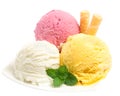 Ice cream: Three flavors of ice cream with waffle on plate