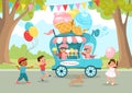 Ice cream truck in park. Cute kids buy cold sweets. Street food kiosk in city. Happy children walk outdoor. Sellers at