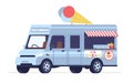 Ice cream truck. Street food automobile van. Cold desserts selling. Park kiosk on wheels. Takeaway cafe. Outdoor Royalty Free Stock Photo