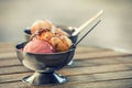 Ice cream in two retro metal bowls on a wooden table. Backgrounds created for your text.