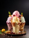 Ice cream variety in a waffle cone with fresh fruit, dessert and sweet food in the summer