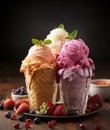 Ice cream variety in a waffle cone with fresh fruit, dessert and sweet food in the summer