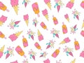 Ice cream vector cartoon pattern. Sweet icecream, pink and yellow colors with splashes. Ice dessert seamless pattern on Royalty Free Stock Photo