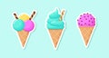 Ice cream vector sticker set on light background. Colorful cold dessert in cartoon style. Collection of sweet summer food in the Royalty Free Stock Photo