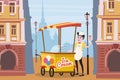 Ice cream seller, cart, city background, vector, illustration, cartoon style, isolated Royalty Free Stock Photo