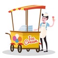 Ice cream seller, cart, vector, illustration, cartoon style, isolated Royalty Free Stock Photo