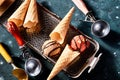 Ice-cream, wafer cones or cornets and scoops Royalty Free Stock Photo