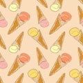 Ice Cream in a waffel cone seamless pattern hand drawing outline and colors illustration Royalty Free Stock Photo
