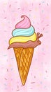 Ice cream in a waffle cone. Cartoon character ice cream snail, slug. Blue, pink, yellow bright colors. Funny, cute