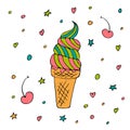 Ice cream in a waffle cone, cherry. Hand drawn. Delicious refreshing summer dessert. Snack. Vector illustration.