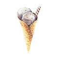 Ice cream in the waffle cone with chocolate chips. Watercolor illustration