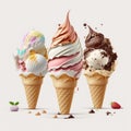 Ice cream in waffle cone with chocolate, vanilla and strawberry isolated on background Royalty Free Stock Photo