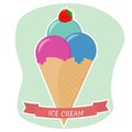 Ice cream in waffle cone flat icon in white stroke on background with red ribbon. Royalty Free Stock Photo