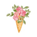 Ice cream waffle cone with floral bouquet. Watercolor composition of flowers in a waffle cup. Postcard, banner with