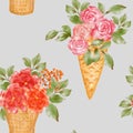 Ice cream waffle cone with floral bouquet. Ice cream. Watercolor seamless pattern with a bouquet of roses in a conical