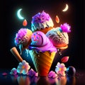 Ice cream in waffle cone with flowers and sweets on dark background AI Generated