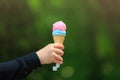 Ice cream waffle cone in hand on blurred green park background. Selective focus and copy space Royalty Free Stock Photo