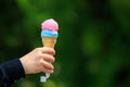 Ice cream waffle cone in hand on blurred green park background. Selective focus and copy space Royalty Free Stock Photo