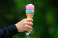 Ice cream waffle cone in hand on blurred green park background. Selective focus and copy space Royalty Free Stock Photo