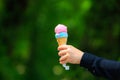 Ice cream waffle cone in hand on blurred green park background. Selective focus and copy space Royalty Free Stock Photo