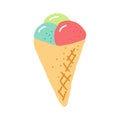 ice cream in a waffle cone. hand drawn doodle. , cartoon. icon, card, poster, sticker. food, sweet, refreshing, bright