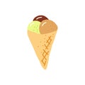 ice cream in a waffle cone. hand drawn doodle. vector, cartoon. icon, card, poster, sticker. food, sweet, refreshing
