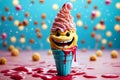 Ice cream in waffle cone with highbrow face Royalty Free Stock Photo