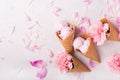 Ice cream in a waffle cone on a light background. Strawberry ice cream. Flowers in a waffle cone. Pink carnations. Flowers on a wo Royalty Free Stock Photo