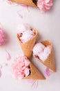 Ice cream in a waffle cone on a light background. Strawberry ice cream. Flowers in a waffle cone. Pink carnations. Flowers on a wo Royalty Free Stock Photo