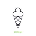 Ice cream in the waffle cone outline icon. Vector illustration. Symbol of summertime and sweet food