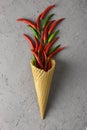 Ice cream waffle cone with red hot little chili peppers on the grey concrete background. Top view. Flat lay.