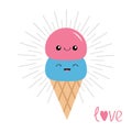 Ice cream in the waffle cone. Scoop set. Smiling face. Shining line effect. Cute cartoon character. Love card. Valentines day symb