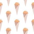 Ice cream in waffle cone seamless pattern. Isolated design in lilac and orange pastel colors. Food backdrop Royalty Free Stock Photo