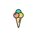 Ice cream in waffle cone in shape three balls color icon thin line, linear, outline. Simple sign