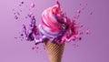 Ice cream in waffle cone. Strawberry colorful pink ice-cream isolated on violette background. Copy space. Summer holidays food.