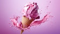 Ice cream in waffle cone. Strawberry colorful pink ice-cream isolated on violette background. Copy space. Summer holidays food. Royalty Free Stock Photo