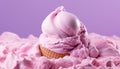 Ice cream in waffle cone. Strawberry colorful pink ice-cream isolated on violette background. Copy space. Summer holidays food.