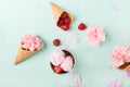 Ice cream in a waffle cone on a turquoise background. Strawberry ice cream. Flowers in a waffle cone. Pink carnations. Royalty Free Stock Photo