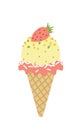 Ice cream. Waffle cone with yellow scoop and fresh strawberry. Cartoon, flat, vector