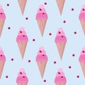 Ice cream waffle cones with berries seamless pattern