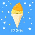 Ice cream in waffle cones, ice lolly Kawaii with pink cheeks and winking eyes, pastel colors on light blue background. Vector Royalty Free Stock Photo