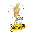 Ice cream in a waffle cup rides a bicycle Royalty Free Stock Photo